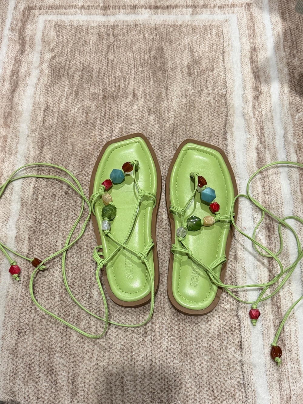 SCHUTZ Lime Green Beaded Lace-Up Sandals
